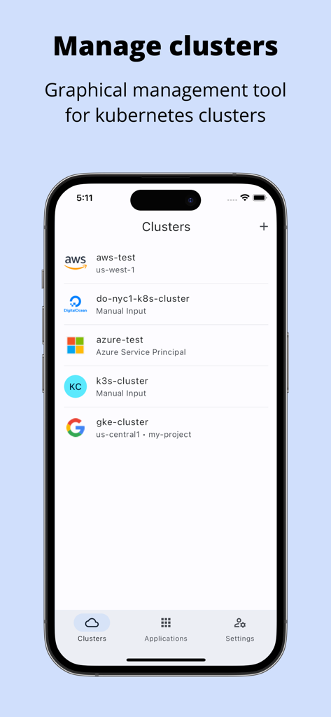 Kubeterm - Kubernetes client - Kubeterm mobile app interface showing a list of managed Kubernetes clusters from multiple cloud providers like AWS Azure and Google Cloud