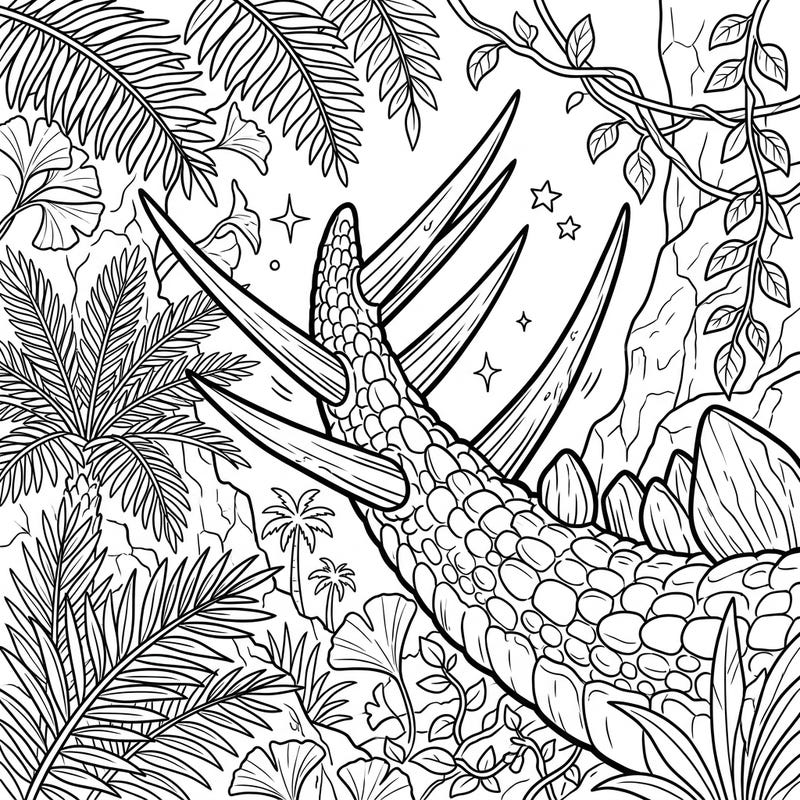 Dive into the prehistoric era with this captivating coloring page featuring the formidable Stegosaurus Thagomizer. This intricate design, set amidst a lush jungle, offers a detailed and engaging artistic challenge for all dinosaur enthusiasts.
