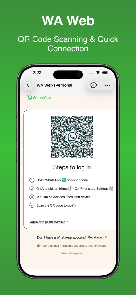 Interface de numérisation de code QR WA Web avec des instructions de connexion étape par étape