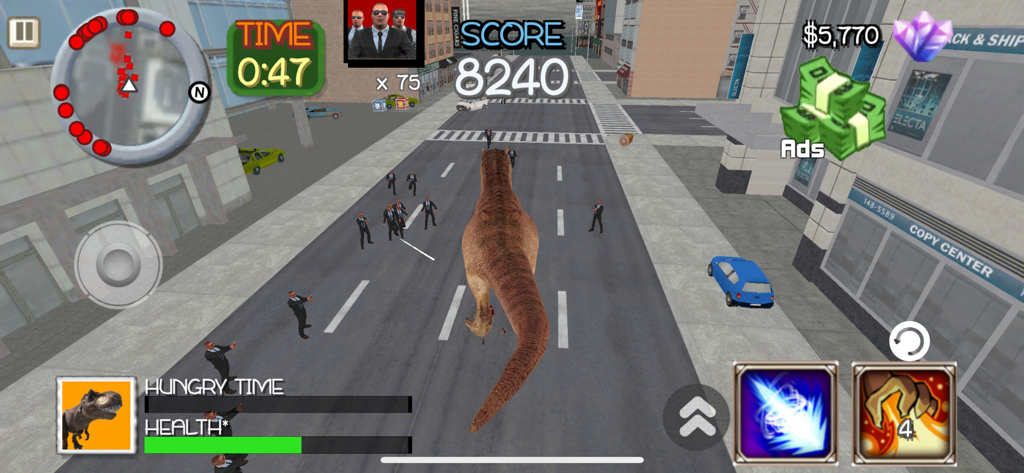 T-rex Simulator City World - Un T-Rex arrasa una calle de la ciudad atacando agentes desde una vista de simulador en tercera persona
