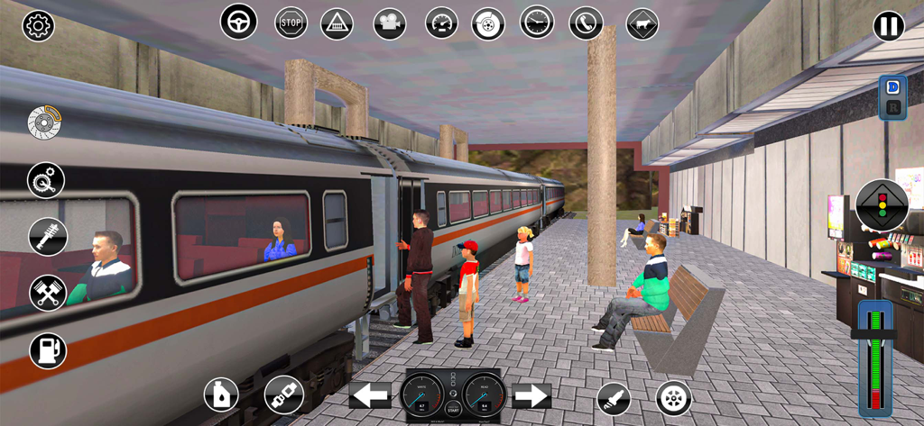 Rails Express Train Simulator - Gameplay screenshot of a train at a station platform with passengers boarding