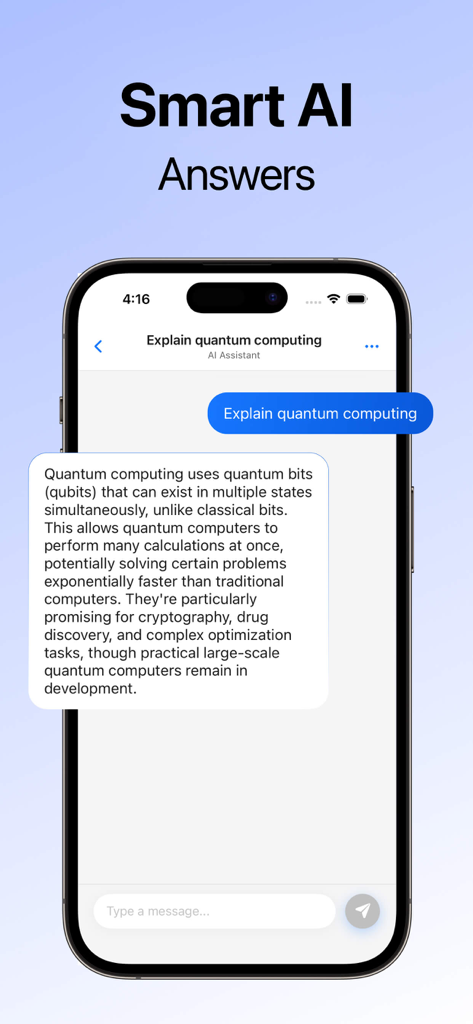 Seekee AI - Search & Assistant - Interfaz de la aplicación móvil Seekee AI que muestra una conversación de chat donde el asistente de IA explica la computación cuántica