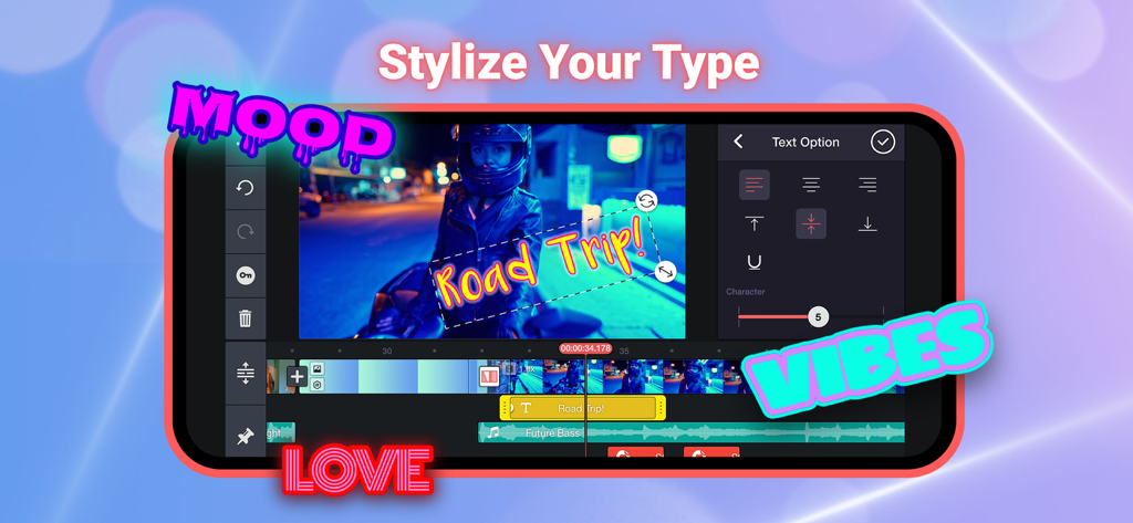Interfaz del editor de video móvil KineMaster mostrando opciones de estilo de texto y superposiciones