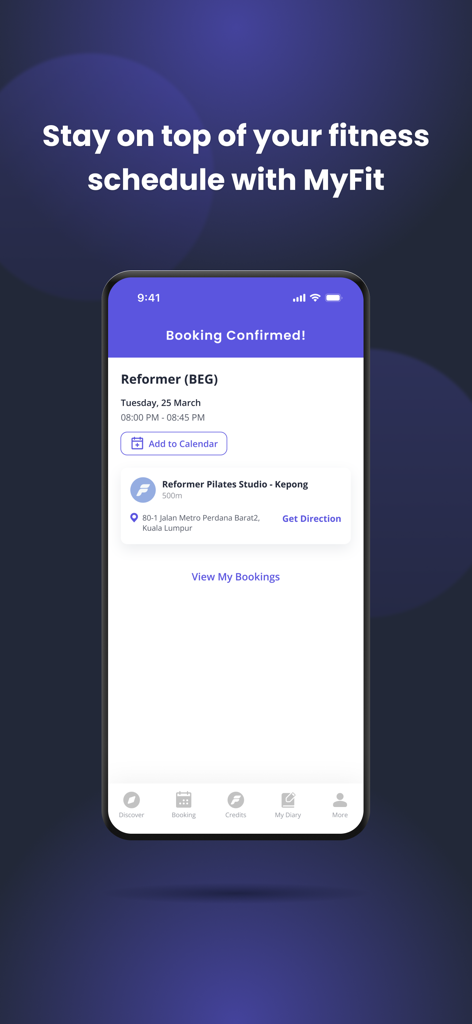 MyFit: Wellness Bookings - MyFit app screen showing a confirmed booking for a Reformer Pilates class with session details and an add to calendar option