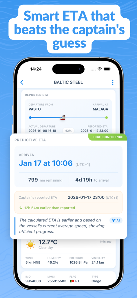 Primo Nautic app interface showing AI-powered predictive ETA and real-time vessel tracking for a cargo ship