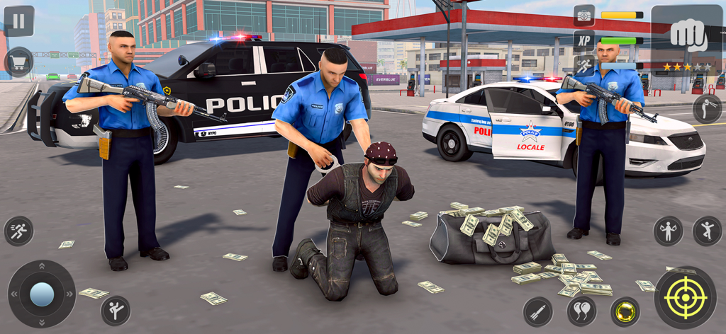 Vegas Gangster Shooting Games - Policiais prendendo um gangster ao lado de um saco de dinheiro em um cenário urbano de mundo aberto.