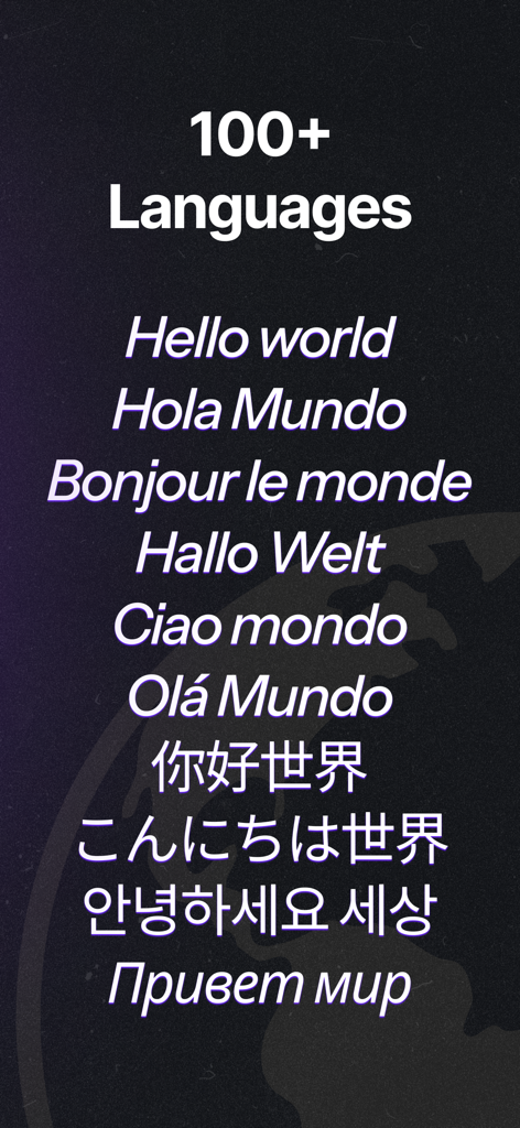 Turbo AI app interface showing support for over 100 languages with multilingual text