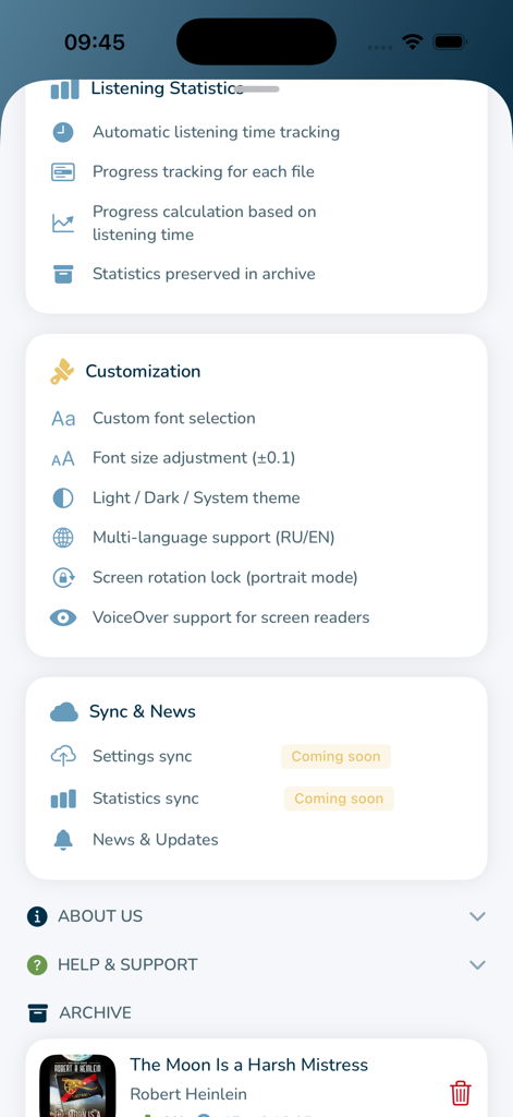 Voxi Book Player - Voxi Book Player settings screen showing listening statistics customization options and sync features