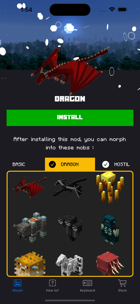 Morph Mods for Minecraft • - Pantalla de selección de mods de transformación de Minecraft que muestra varios mobs y un dragón rojo
