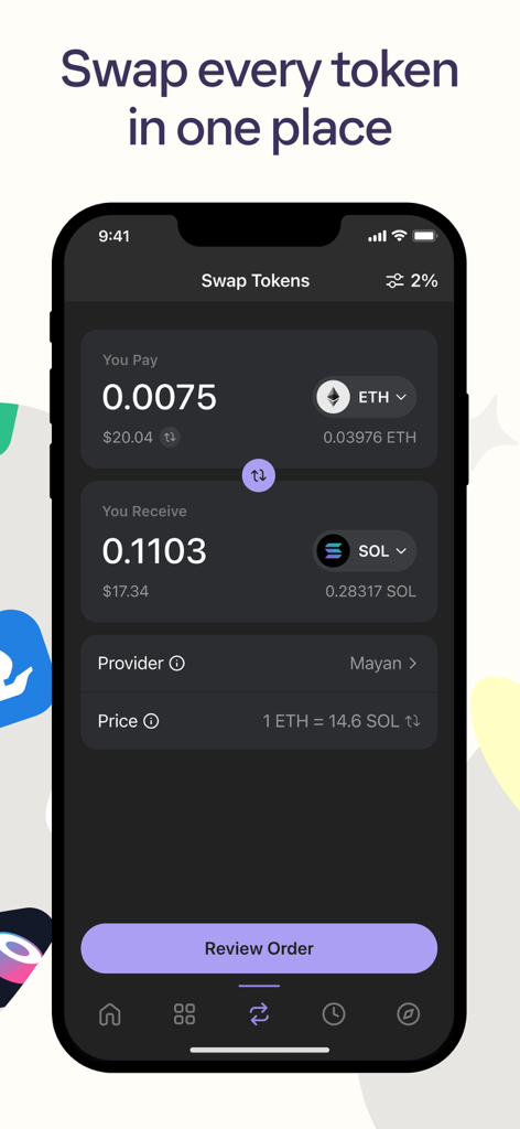 Phantom - Crypto Wallet - Phantom App-Oberfläche zeigt einen Kryptowährungs-Swap zwischen Ethereum und Solana-Token