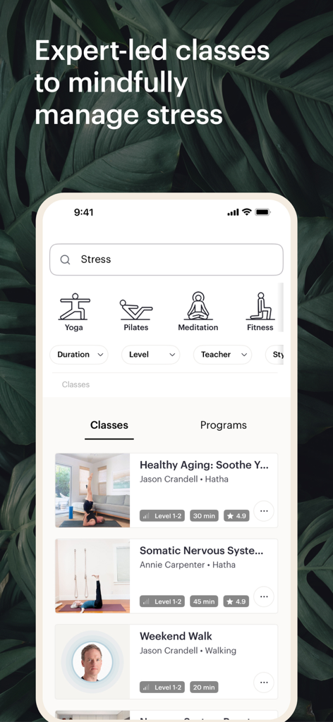 Glo | Yoga and Meditation App - Glo app interface showing expert-led yoga and meditation classes for stress management