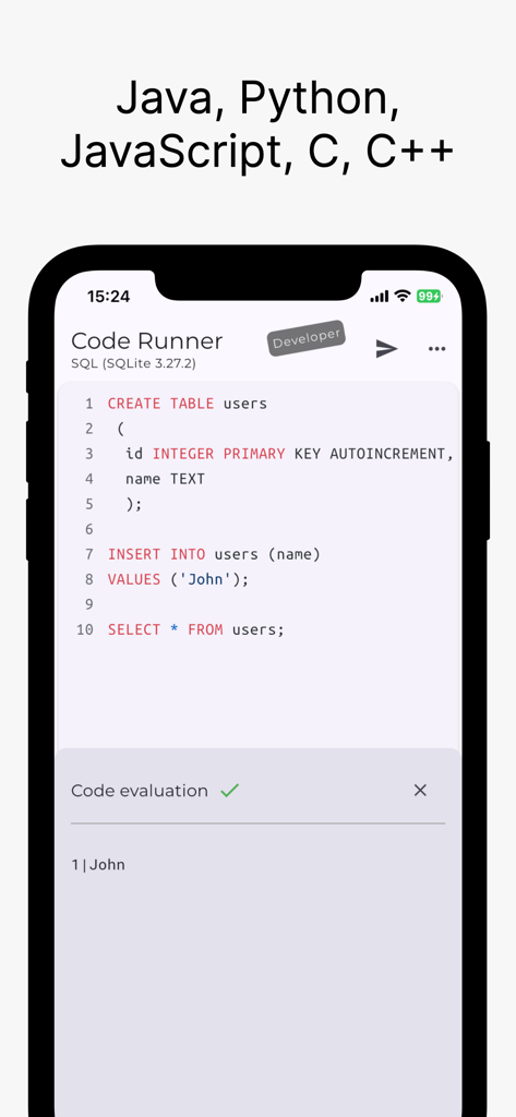 SQL code editor and execution results in the Code Runner mobile app