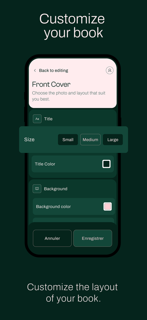 Elefantia - Elefantia app screen showing options to customize the book cover title and background