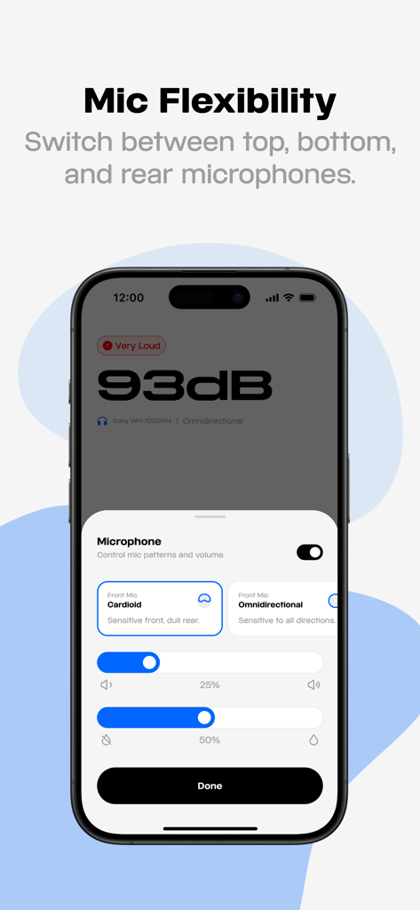 Microphone Live app screen showing a 93 decibel meter and polar pattern selection for cardioid and omnidirectional microphones
