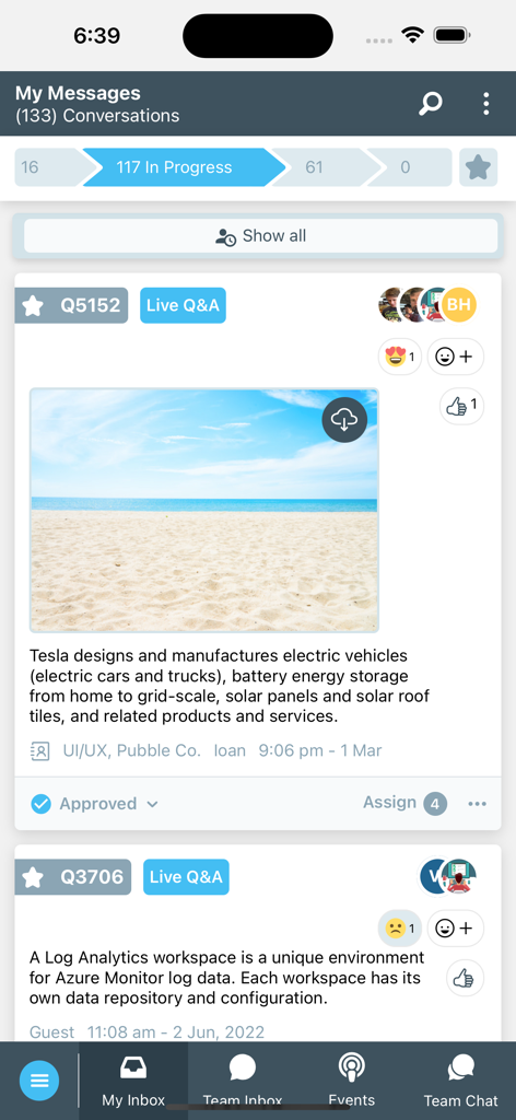 Chatify mobile app interface showing the My Messages screen with live chat conversations and team collaboration features