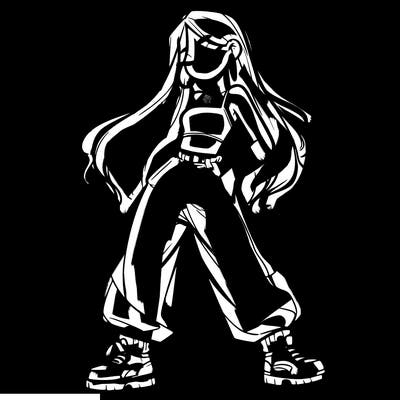 girl in baggy pants crop top and long hair