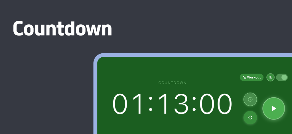 Minimal Timer - Big Stopwatch - Minimalist countdown timer interface with large white digits on a green workout theme background.