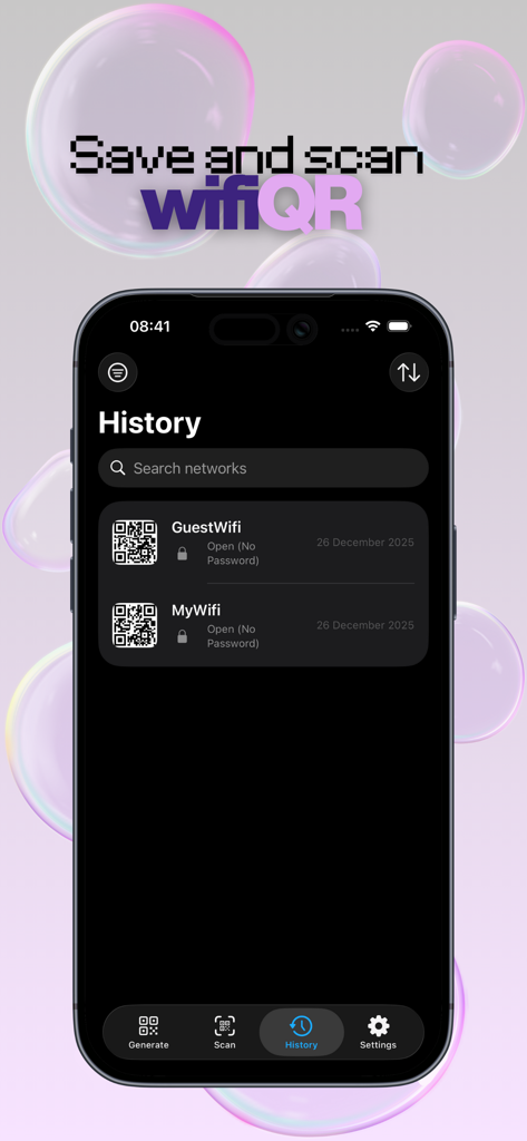History screen of the WiFi QR Code Generator app in dark mode showing a list of saved wifi networks