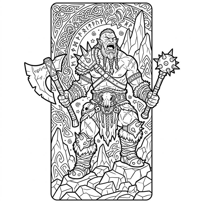 Embark on an epic coloring journey with this dynamic Orc Berserker bookmark. Featuring a fierce warrior in battle stance, this design is perfect for fantasy enthusiasts seeking an engaging project.