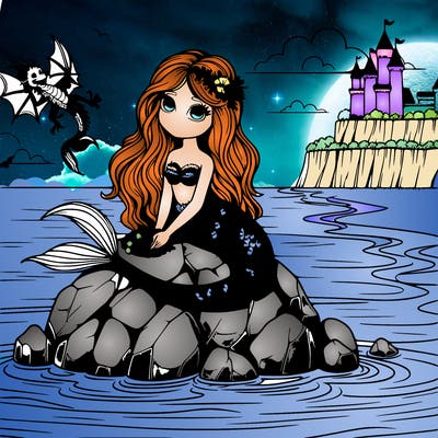 a mermaid on a shiny rock in the middle of the ocean with the beach far in the distance and the mermaid has a bunch of pearls and the mermaid has a beautiful dragon.