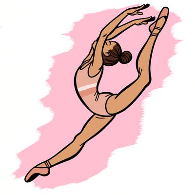 gymnast doing a leap in a leotard with a bent back leg