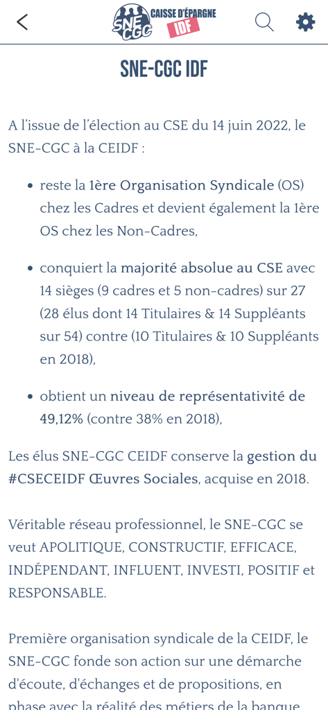SNE-CGC CEIDF - SNE-CGC CEIDF app screen displaying union election results and professional values