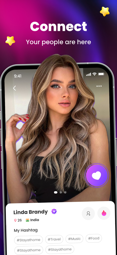 Tiko - Spark Your Creativity - Interfaz de la aplicación móvil Tiko que muestra el perfil de usuario verificado de Linda Brandy con hashtags de interés como viajes y música.