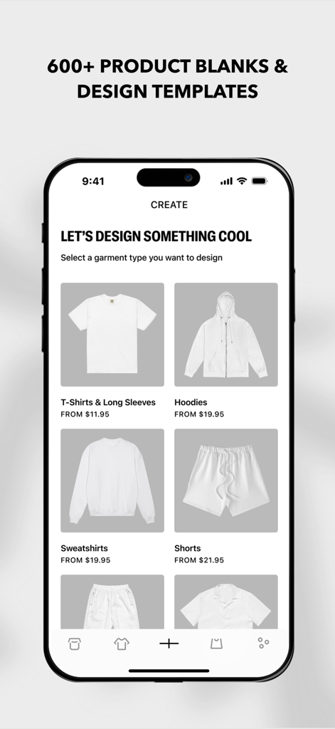 Interface do aplicativo FLYP mostrando vários modelos de roupas, incluindo camisetas, moletons e blusas para modelos de design