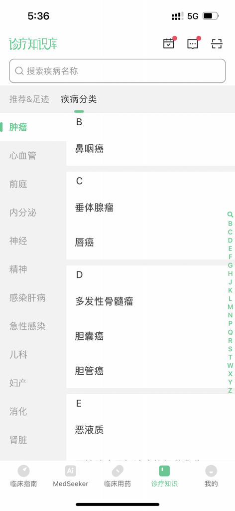 Diagnose- und Behandlungs-Wissensdatenbank-Oberfläche in der Klinischen Leitlinien App, die Onkologie-Krankheitslisten anzeigt