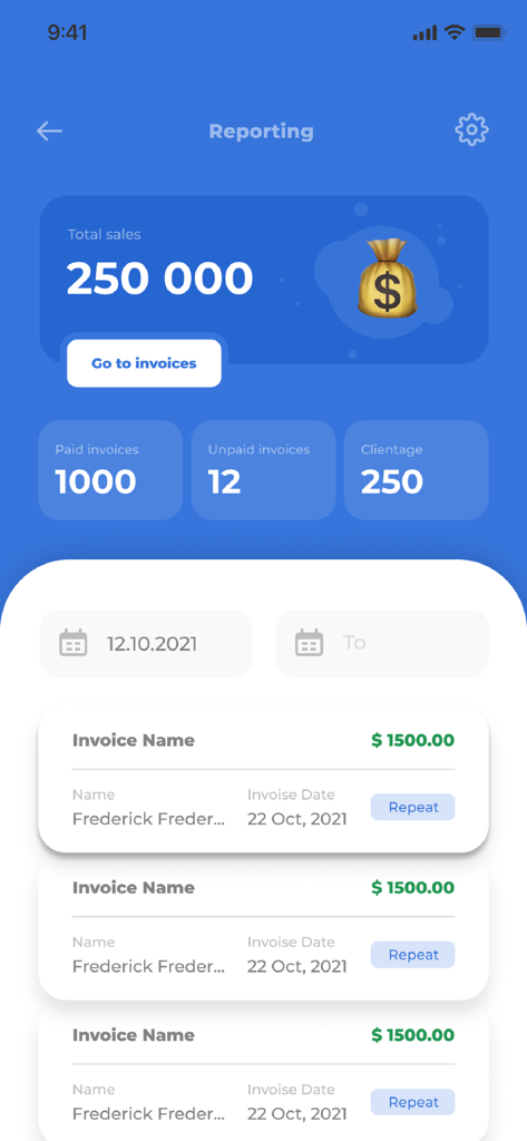 Geschäftsübersichts-Dashboard, das Gesamtumsätze und Rechnungssusammenfassungen anzeigt