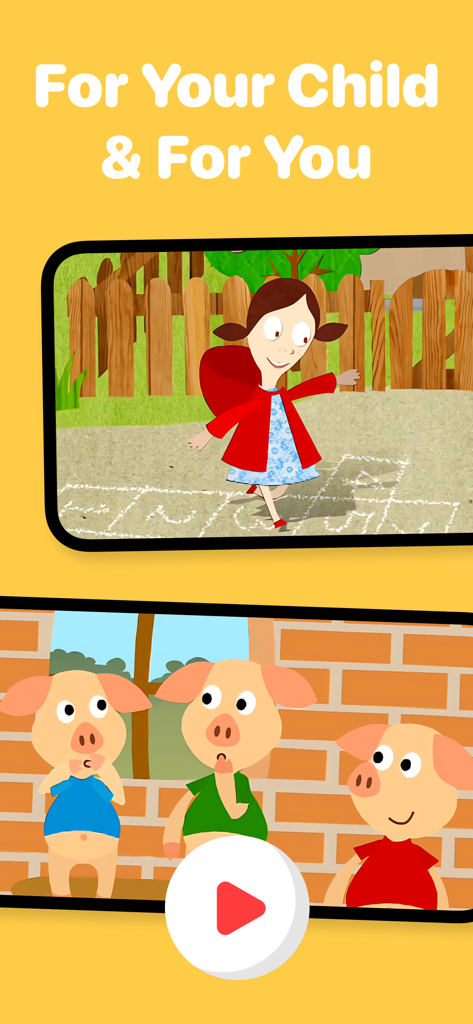 Learn to Talk - Learn to Talk app interface showing fairy tale videos including Little Red Riding Hood and Three Little Pigs for children and parents