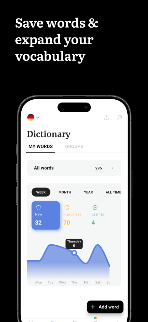 Linga: Read & Learn Languages - Linga app dictionary interface showing vocabulary statistics and learning progress