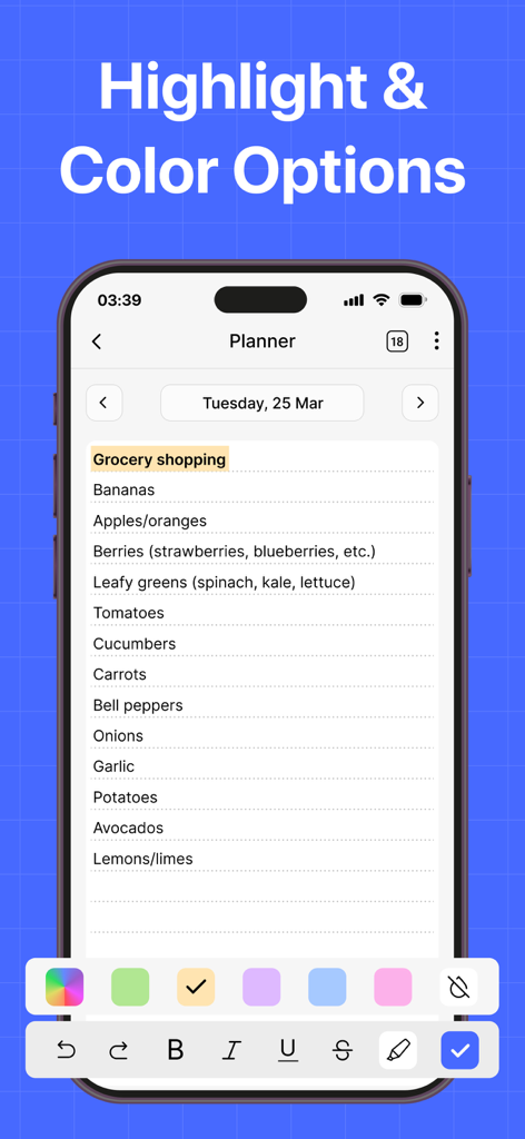 Daily Planner- Digital Planner - Interfaz de la aplicación Planificador Diario que muestra la lista de la compra con resaltados de color y barra de herramientas de formato