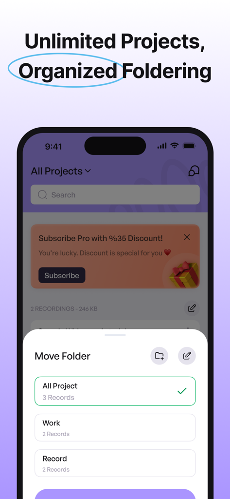 iMemo AI Note Taking & Summary - Interface of the iMemo AI app displaying organized folders for note taking projects and a folder management menu.