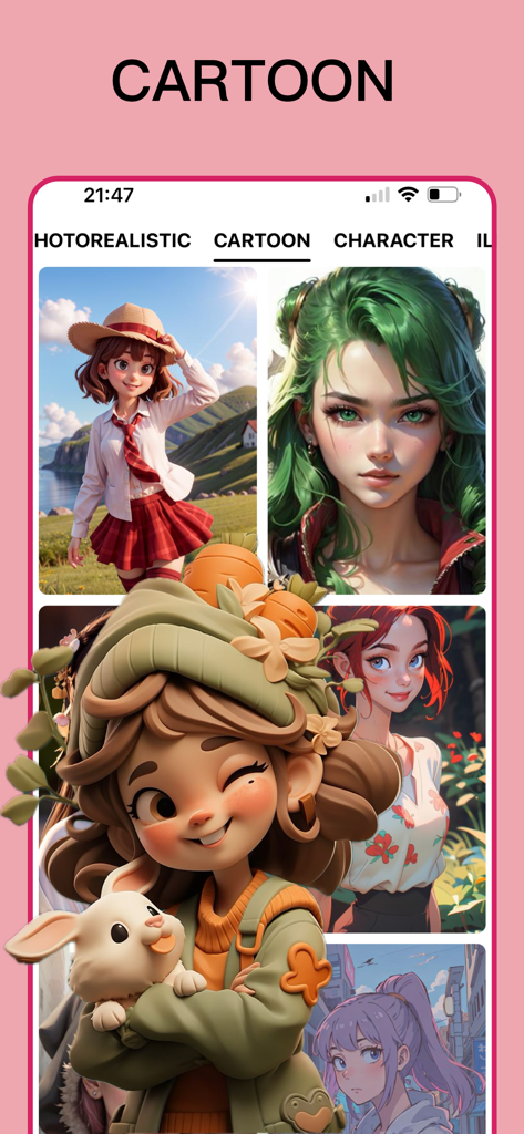 Interface do aplicativo AIArt exibindo vários retratos de personagens digitais em estilo cartoon e anime