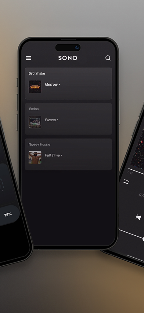 Sono - Phone Connect for Sonos - Sono app music library screen displaying tracks and artists in dark mode