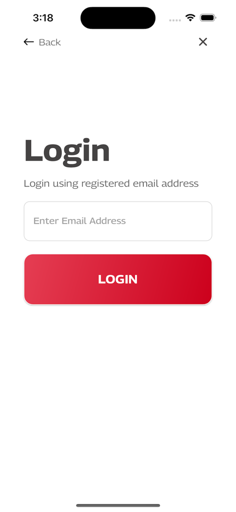 Login screen of the M-Safe application showing an email address input field and a red login button.