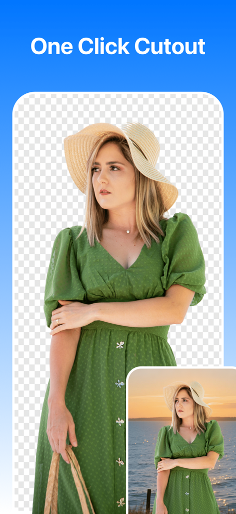 MagicCut app interface showing one click background removal for a woman in a green dress
