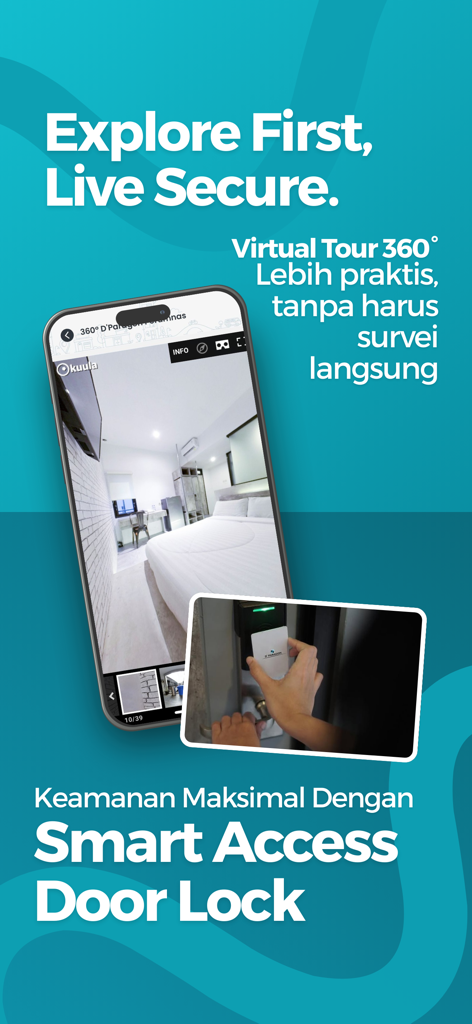 Écran montrant la visite virtuelle des chambres DPARAGON à 360 degrés et la serrure de porte intelligente pour un hébergement sécurisé.