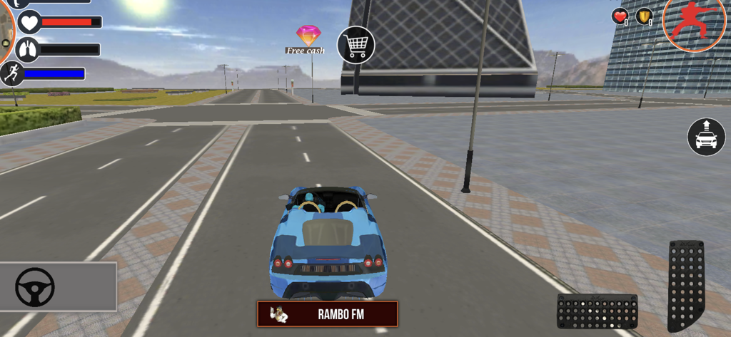 Spider Rope Hero | Robot Fight - A blue sports car driving through a 3D open world city in the Spider Rope Hero game.