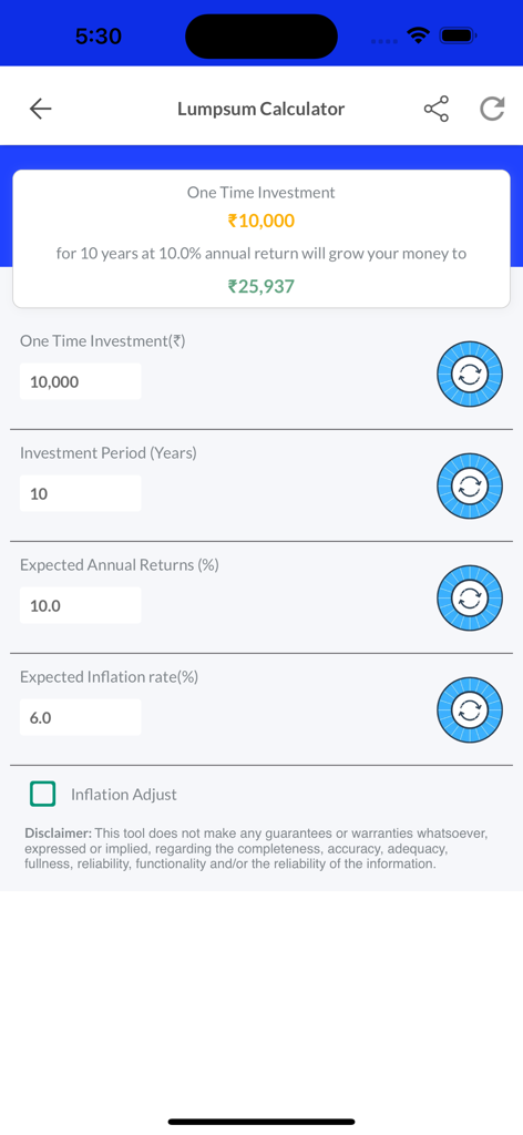 Alpha Capital - Alpha Capital app lumpsum calculator interface showing investment growth projections over ten years