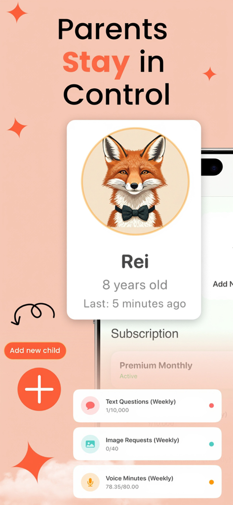 Askie app parental dashboard showing a child profile named Rei with usage statistics for questions, images, and voice minutes.