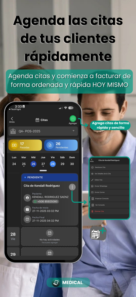 Medicals - Interfaz de la aplicación Medicals que muestra opciones de programación y gestión de citas en un smartphone