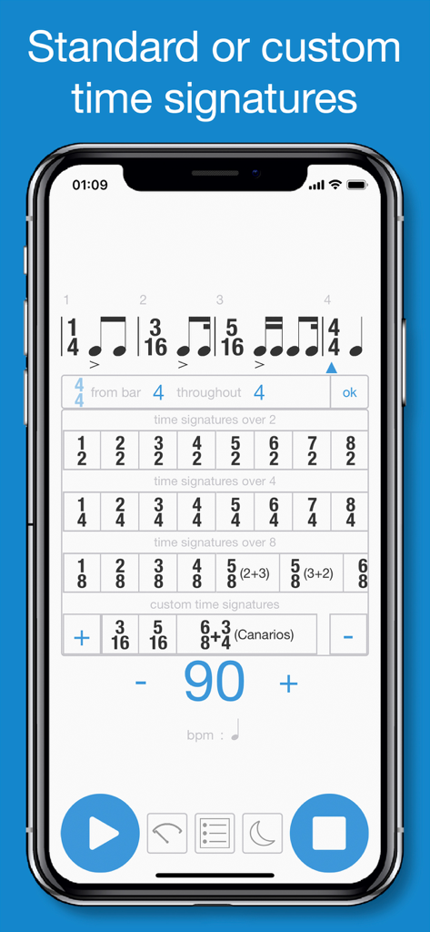 Rhythm+ - Captura de pantalla de la aplicación Rhythm+ que muestra opciones de selección de compases estándar y personalizados