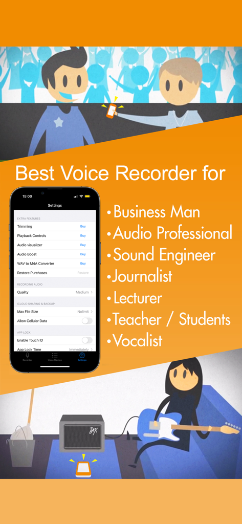 Voice Recorder HD settings screen showing advanced features for professionals and students