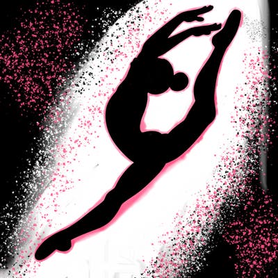 gymnast doing a leap in a leotard with a bent back leg