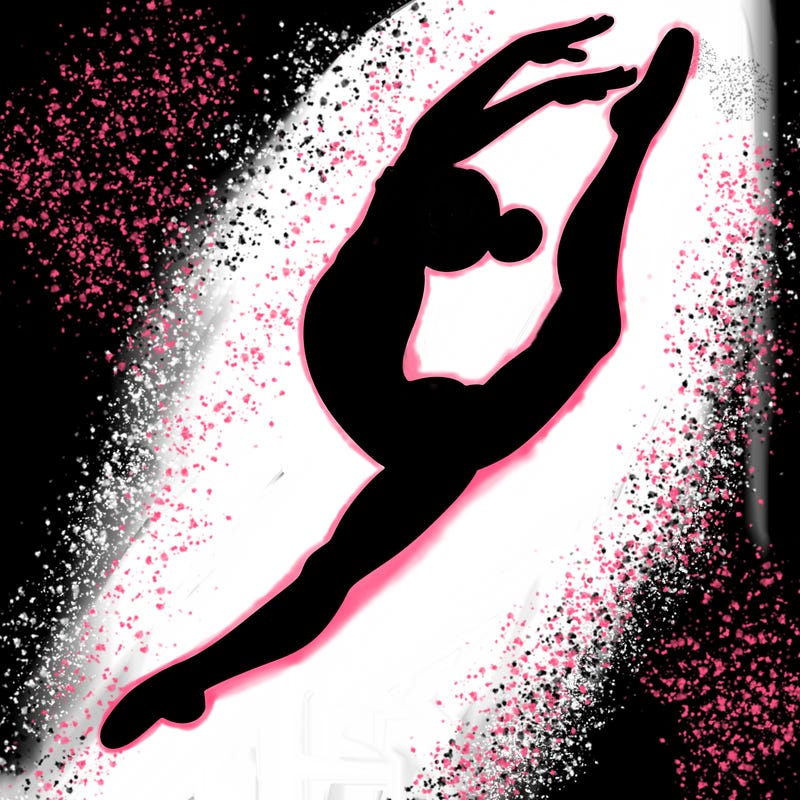 gymnast doing a leap in a leotard with a bent back leg