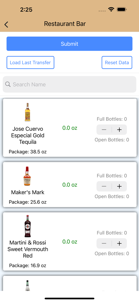 Barventory app interface showing a digital liquor inventory list with bottle weights and quantity controls for bar management