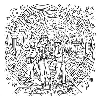 Join three young adventurers on an incredible journey through time with this captivating coloring page. Discover a world where ancient castles meet futuristic cities, all waiting for your creative touch and vibrant colors.