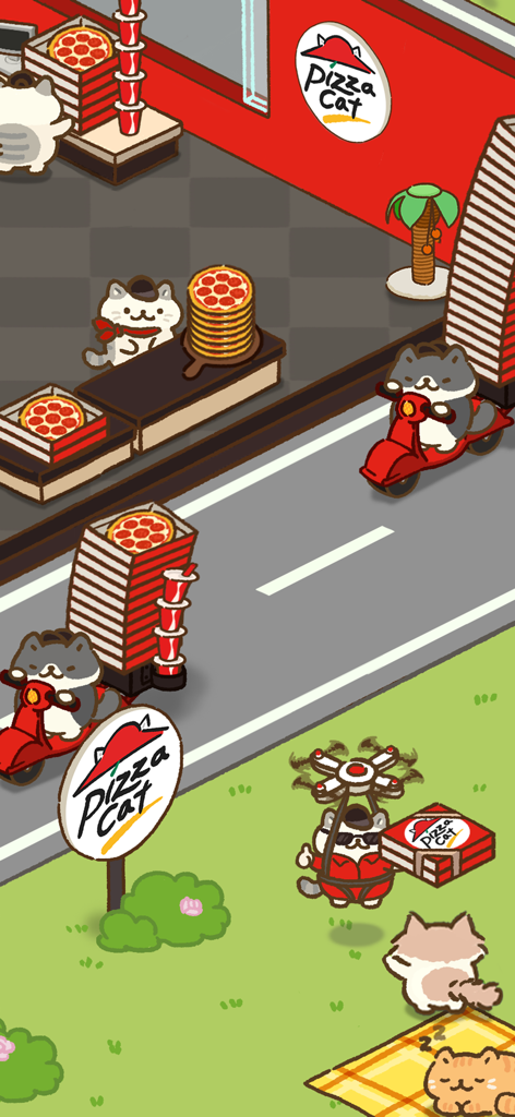 Pizza Cat: 30min fun guarantee - Gatos fofos de desenho animado entregando pizza em scooters e com um drone em um jogo mobile